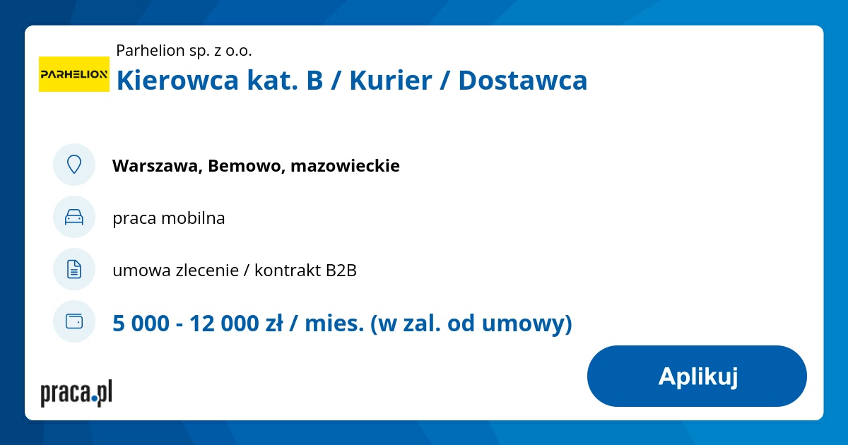 Archiwalna Oferta Nr 8549001, Kierowca Kat. B / Kurier / Dostawca ...