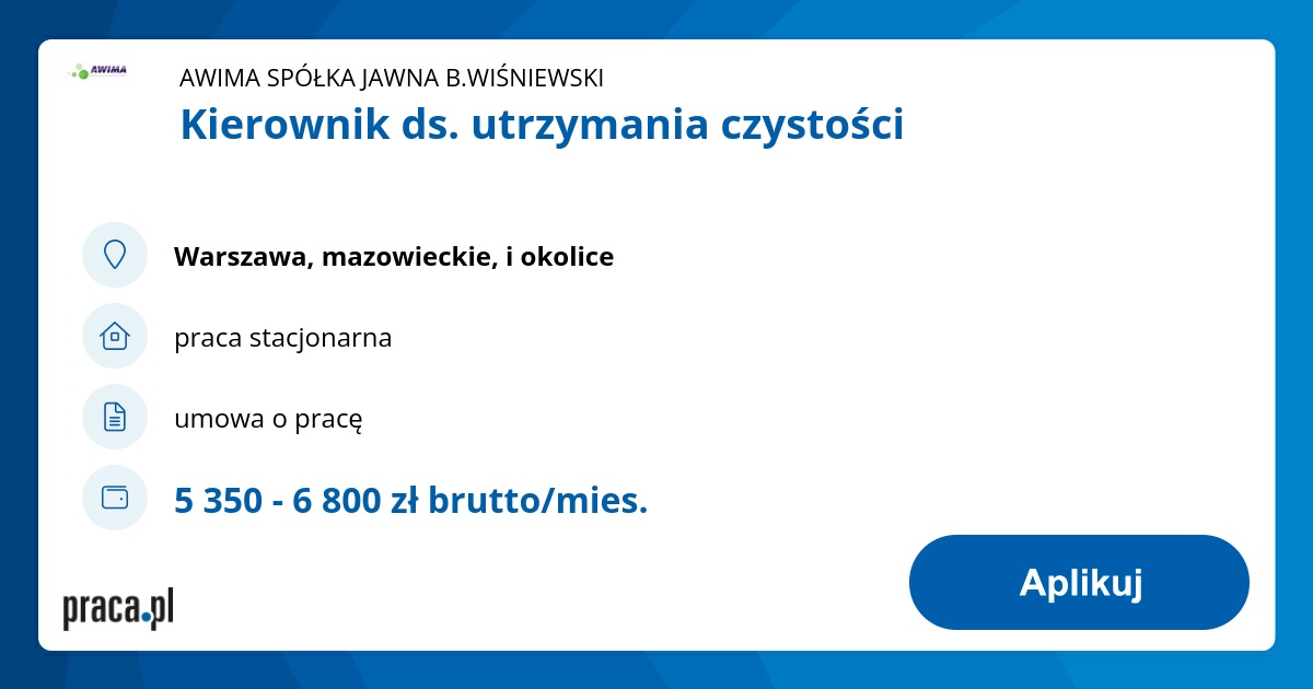 Archiwalna Oferta Nr 8655857, Kierownik Ds. Utrzymania Czystości ...