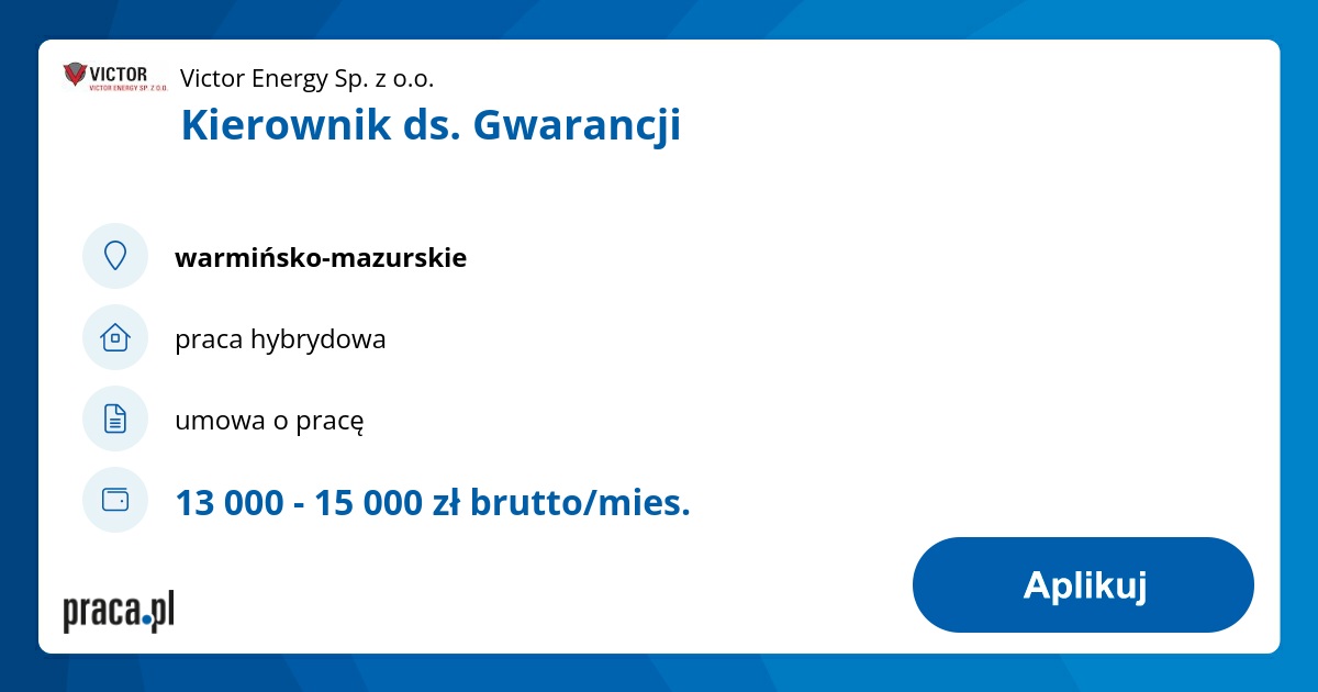 Archiwalna Oferta Nr 8733004, Kierownik Ds. Gwarancji, Warmińsko ...