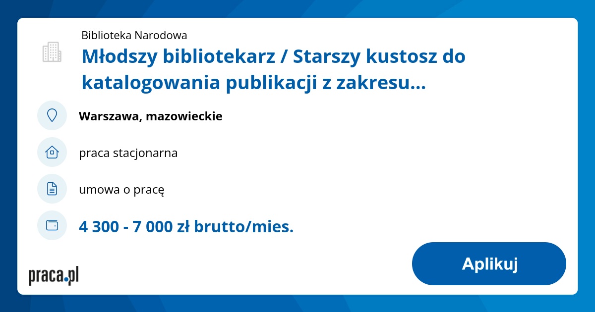 Archiwalna Oferta Nr 8737174, Młodszy Bibliotekarz / Starszy Kustosz Do ...