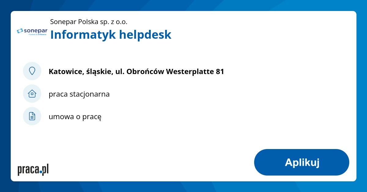 Archiwalna Oferta Nr 8795398, Informatyk Helpdesk, Katowice, Sonepar ...