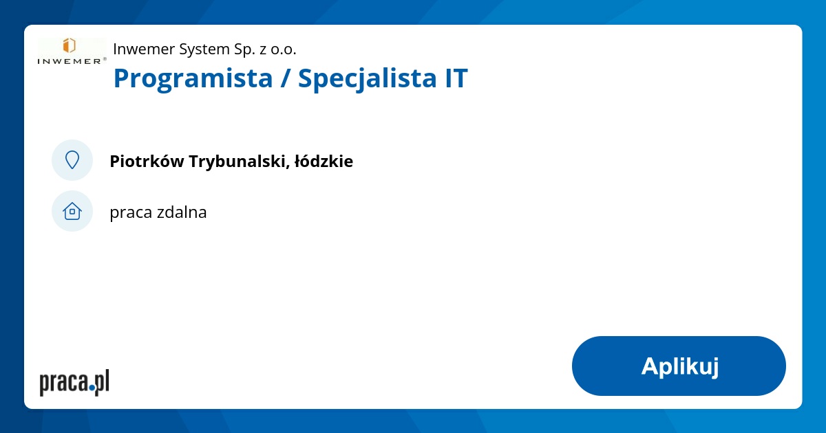 Archiwalna oferta nr 8822962, Programista / Specjalista IT, Piotrków ...