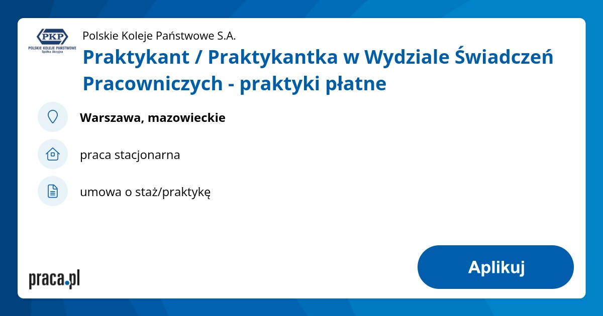 Praktykant / Praktykantka w Wydziale Świadczeń Pracowniczych - praktyki płatne