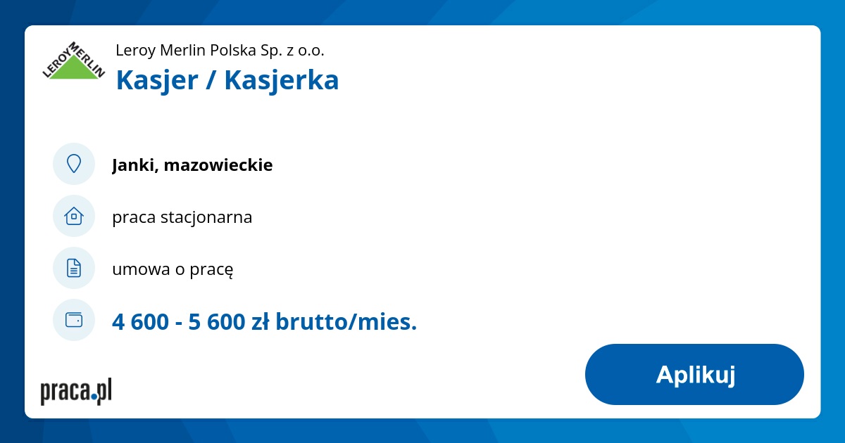 Archiwalna Oferta Nr 8888614, Kasjer / Kasjerka, Janki, Leroy Merlin ...