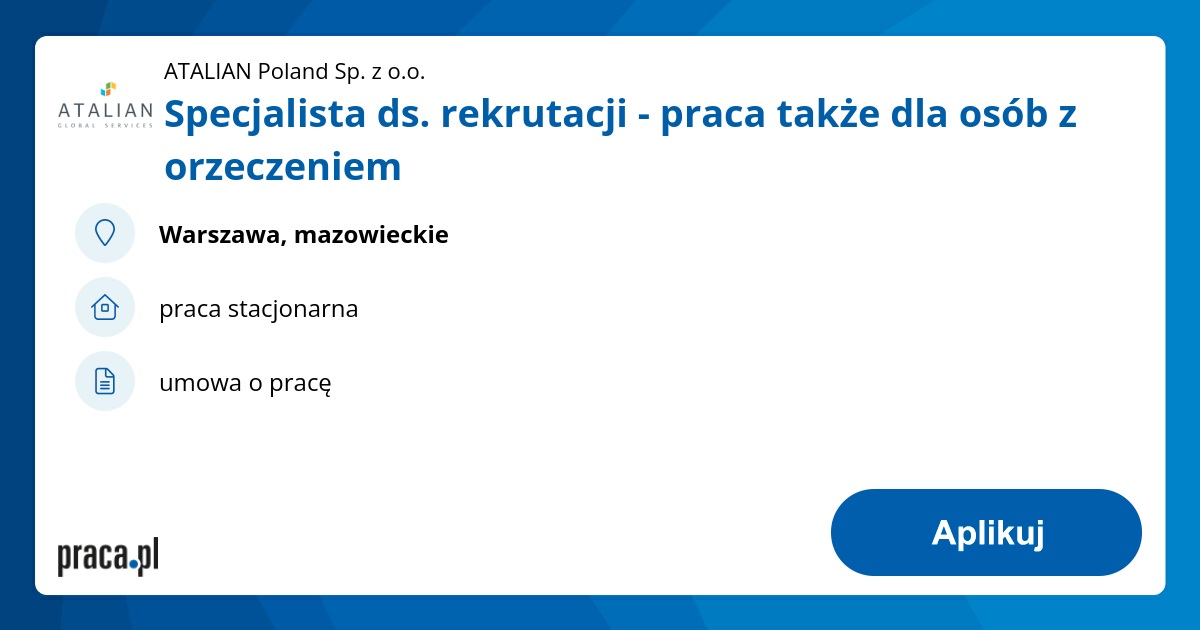 Specjalista ds. rekrutacji - praca także dla osób z orzeczeniem