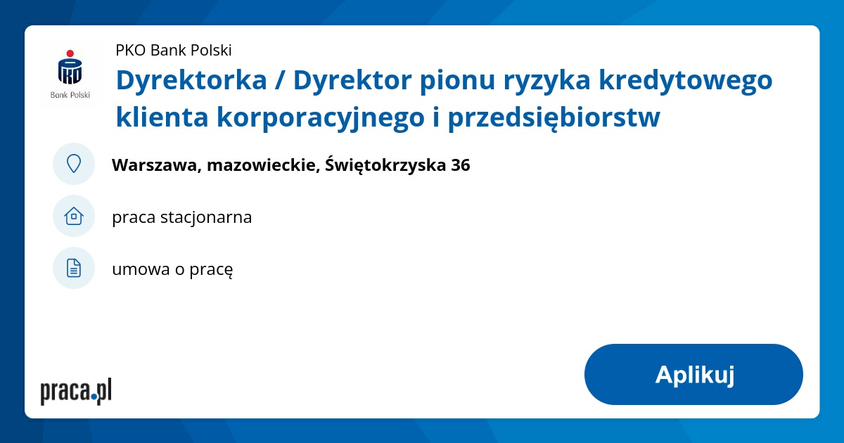 Dyrektorka / Dyrektor pionu ryzyka kredytowego klienta korporacyjnego i przedsiębiorstw